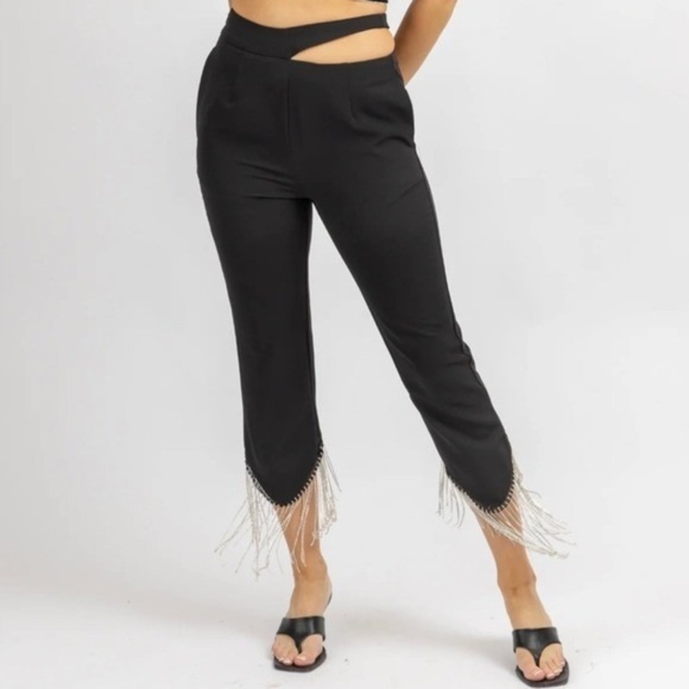 Amy Lynn Black Cutout Waist Crystal‎ Fringe Hem Trousers Womens Large NEW